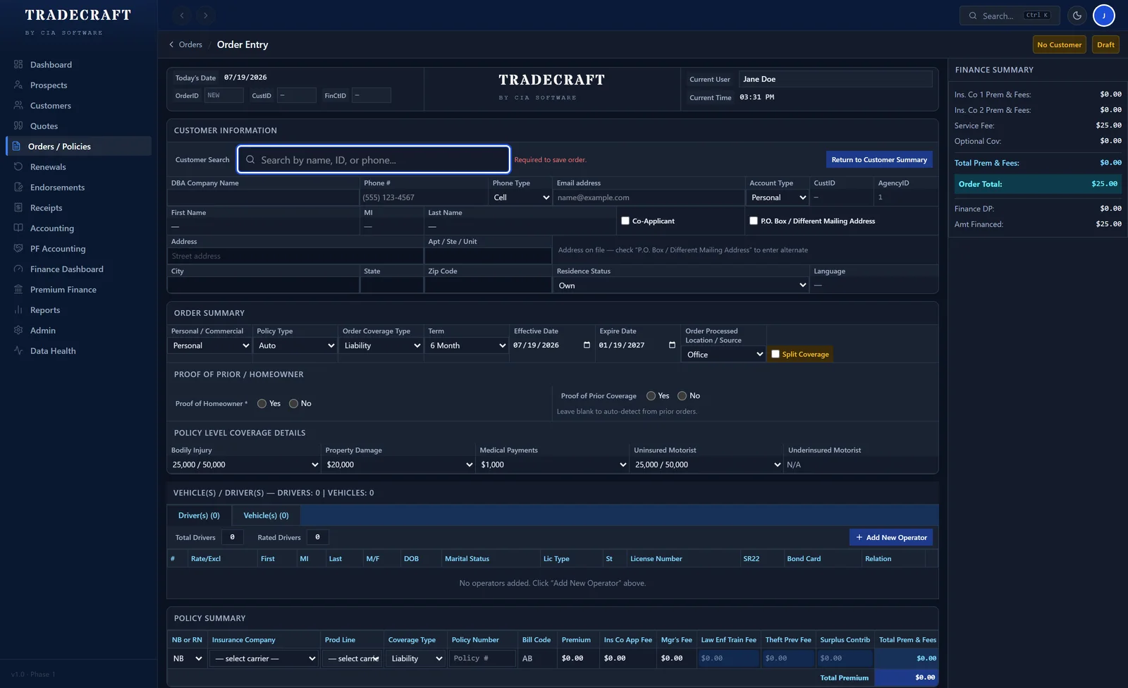 Tradecraft order entry with coverage details, drivers, vehicles, and a live finance summary